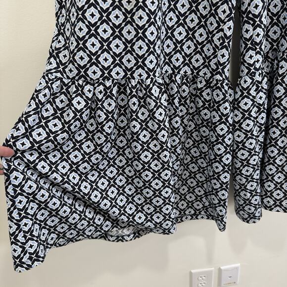 Bohemian Wide Leg Ruffle Bell Bottom Pull On Pants Sz XL Pockets Printed Hippie - Picture 2 of 8